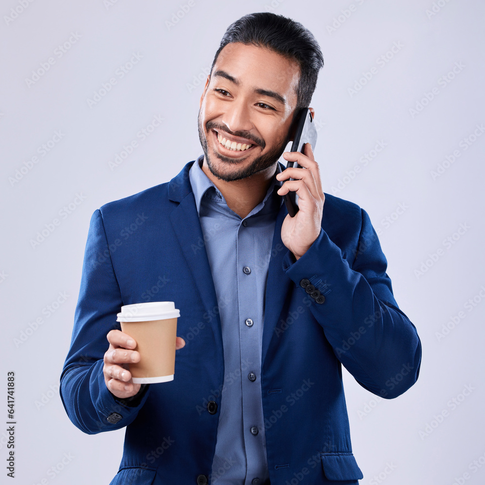 Poster conversation, coffee and a man on a phone call with a studio background for an idea or contact. smil
