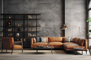 Living room interior in loft, industrial style, 3d render, Generative AI