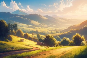 Panorama of beautiful countryside of romania sunrise generative ai