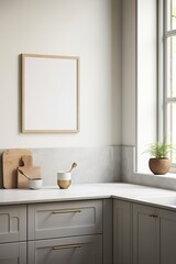 Mock up poster frame in kitchen interior, Scandinavian style, 3d render, Generative AI