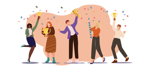 Business Team Project Success. Group of People Characters Holding Golden Goblet or Cups Celebrate Victory, Winners Prize and Award. Concepts of teamwork, winning and success. Cartoon Vector illus