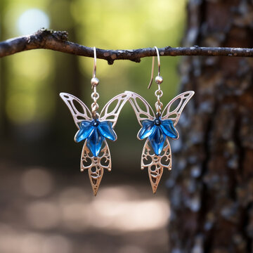 Wearing Blue Monarch Butterfly Glass Earrings