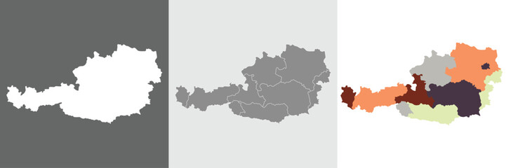 Austria map set in white color and administrative regions of Austrian map 