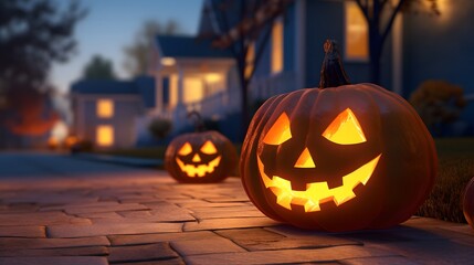 Halloween pumpkins in front of a house. 3D rendering. Halloween pumpkins on a cobblestone road in the city.