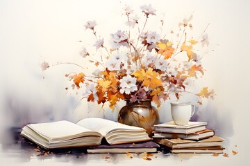Watercolor still life with books and autumn flowers bouquet. Aquarelle painting