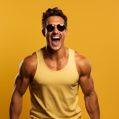 Muscular male model on yellow background, ai technology