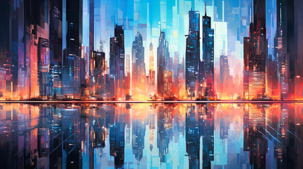 A sleek city skyline at dusk, with shimmering lights from towering skyscrapers