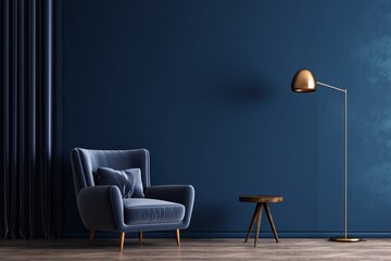 Chair with lamp in living room interior, dark blue wall mock up background, 3D render, Generative AI