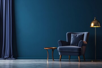 Chair with lamp in living room interior, dark blue wall mock up background, 3D render, Generative AI