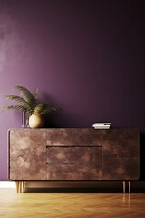 Commode with decor in living room interior, dark violet wall mock up background, 3D render, Generative AI