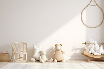 White cozy children room interior background, wall mockup, 3D render, Generative AI