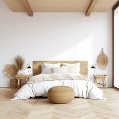 Fototapeta na wymiar Home mockup, bedroom interior background with rattan furniture and blank wall, Coastal style, 3d render, Generative AI