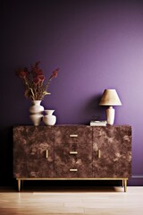 Commode with decor in living room interior, dark violet wall mock up background, 3D render, Generative AI