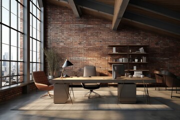 Modern office interior in loft, industrial style, 3d render, Generative AI