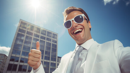 A cheesy businessman. Thumbs up. Real estate agent. Salesman. Wearing a white suit. Sunglasses Smooth talker. Hustle.