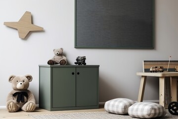 Frame mockup in boys room in military style room interior, 3D rendering, Generative AI