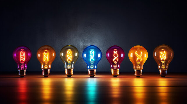 Multi coloured light bulbs. A great idea. Inpiration. Symbolism. Desktop background.