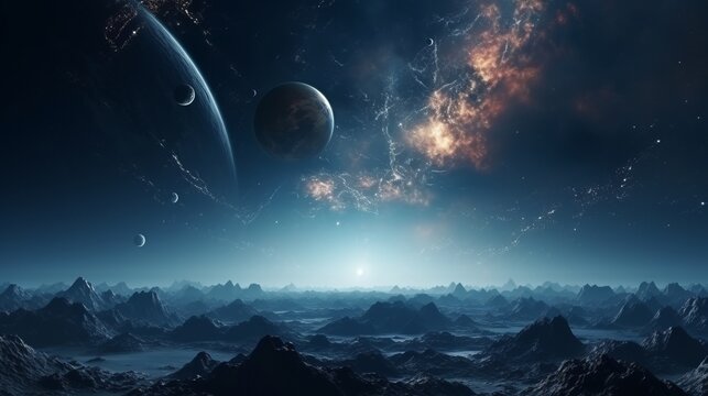 Panorama of distant planet system in space 3D render generative ai