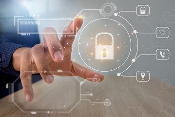 Virtual screen shopping icons online. The concept of a computer, smart phone, credit card, and online transactions merges to redefine convenience and security.