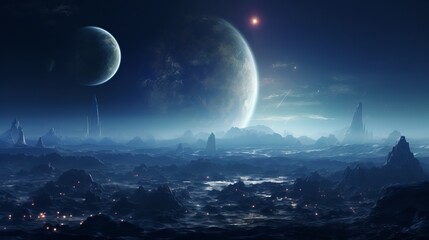 Fototapeta na wymiar Panorama of distant planet system in space 3D render generative ai