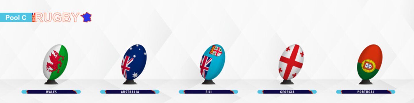 Rugby 2023 participant of Pool C flags in rugby ball style, rugby ball on kick stand.
