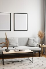 Mockup frame in Scandinavian living room interior with grey sofa, table and decor, 3d render, Generative AI