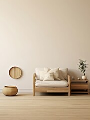 Home mockup, living room interior with natural wooden furniture , 3d render, Generative AI