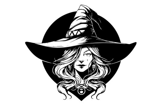 Witch halloween woman hand drawn ink sketch. Engraving style vector illustration