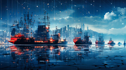 Obraz premium A bustling digital harbor where data packets, shaped like trade goods, are transferred between ships and docks
