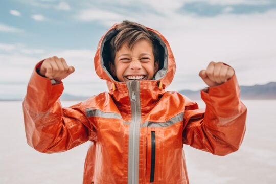 Close-up portrait photography of a happy boy in his 30s clenching fists sporting a waterproof rain jacket at the salar de uyuni in potosi bolivia. With generative AI technology