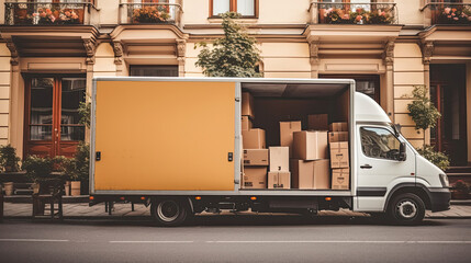 Truck full of moving boxes and furniture. Mover service and Moving service concept. Generative Ai