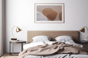 Mock-up poster frame close up in bedroom, Scandinavian style, 3d render, Generative AI