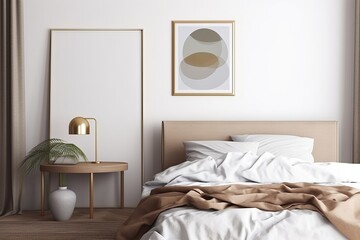 Mock-up poster frame close up in bedroom, Scandinavian style, 3d render, Generative AI