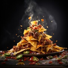 Mexican nachos with salsa and guacamole on black background. 