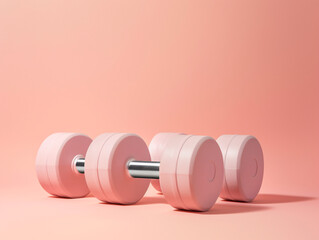 On a pink background, two dumbbells with pink rubber weights. Style and fashion in fitness.
