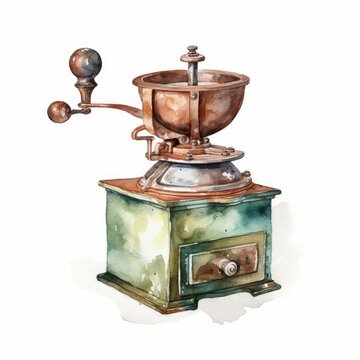 Coffee grinder on white background in watercolor style. AI generated