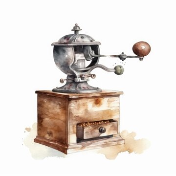 Coffee grinder on white background in watercolor style. AI generated