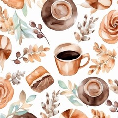 Coffee label watercolor style pattern. AI generated