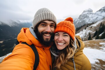 Fototapeta na wymiar couple taking selfie in the mountains