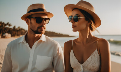 Naklejka premium Vacation concept beautiful couple of lovers on the beach during a sunny day