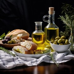 Olive oil and bread on a table in the kitchen. Food background. 