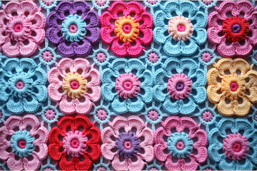 Floral Pattern of Granny squares. Blue Purple crochet flowers. Top View Colorful illustration - obrazy, fototapety, plakaty