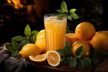 Fototapeta premium Glass of fresh orange juice and oranges on wooden table, black background. 
