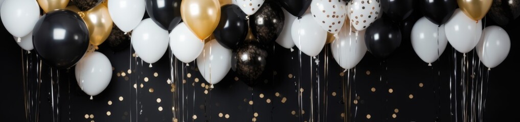 Birthday. Black Friday sale. Background with black and gold white balloons. Holiday banner, web poster, flyer, cover card, Festive celebrate backdrop balloons