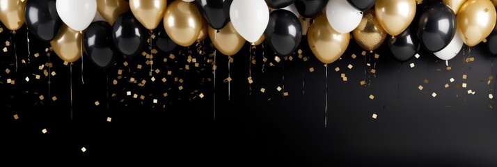 Birthday. Black Friday sale. Background with black and gold white balloons. Holiday banner, web poster, flyer, cover card, Festive celebrate backdrop balloons