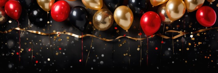 Birthday. Black Friday sale. Background with black and gold red balloons. Holiday banner, web poster, flyer, cover card, Festive celebrate backdrop balloons