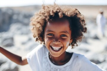 Close-up portrait photography of a grinning kid female waving hello or goodbye wearing a classic white shirt at the gates of hell in danakil depression ethiopia. With generative AI technology