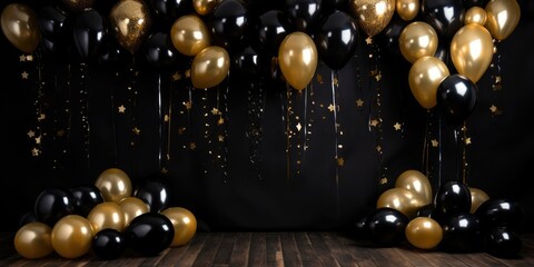 Birthday. Black Friday sale. Background with black and gold balloons. Holiday banner, web poster, flyer, cover card, Festive celebrate backdrop balloons