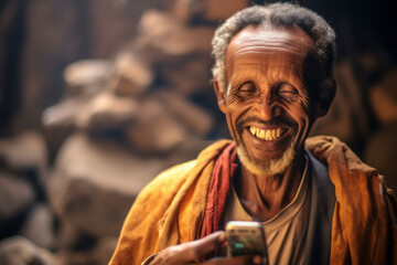 Environmental portrait photography of a grinning mature man holding a smartphone donning a bold statement necklace at the gates of hell in danakil depression ethiopia. With generative AI technology