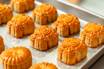 Mooncake making process. A mooncake  is a Chinese bakery product traditionally eaten during the Mid-Autumn Festival.